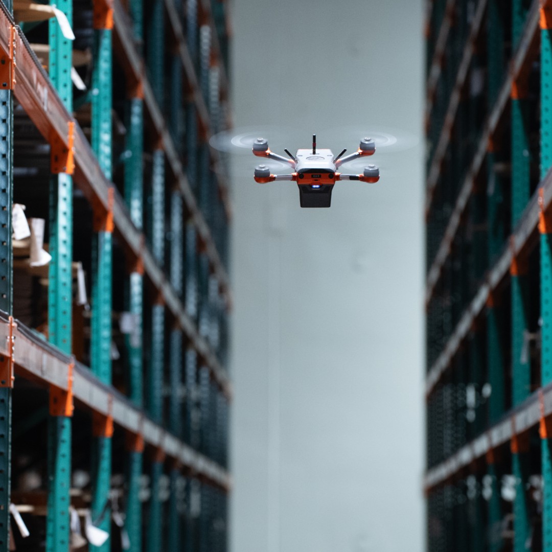 A Corvus One inventory drone scans pallets of cable spools at LAPP USA's Brownsburg, IN distribution center.