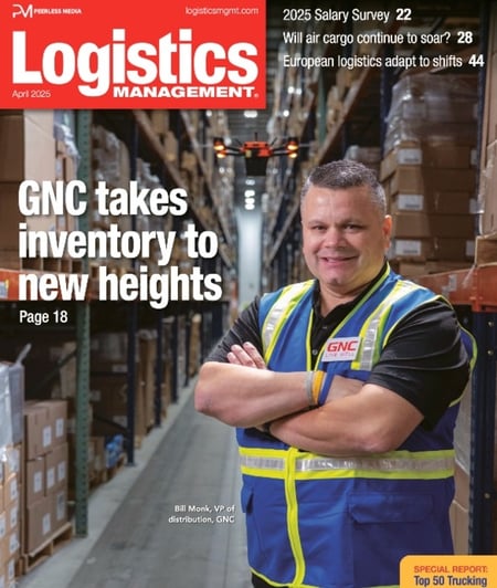 Bill Monk, VP of Distribution at GNC, featured on the cover page of the April 2025 issue of Logistics Management, highlighting a case study with Corvus Robotics drones.