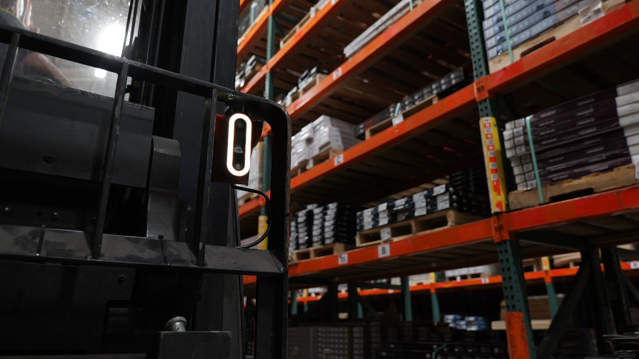 A Corvus Trident device attached to a reach truck's backrest