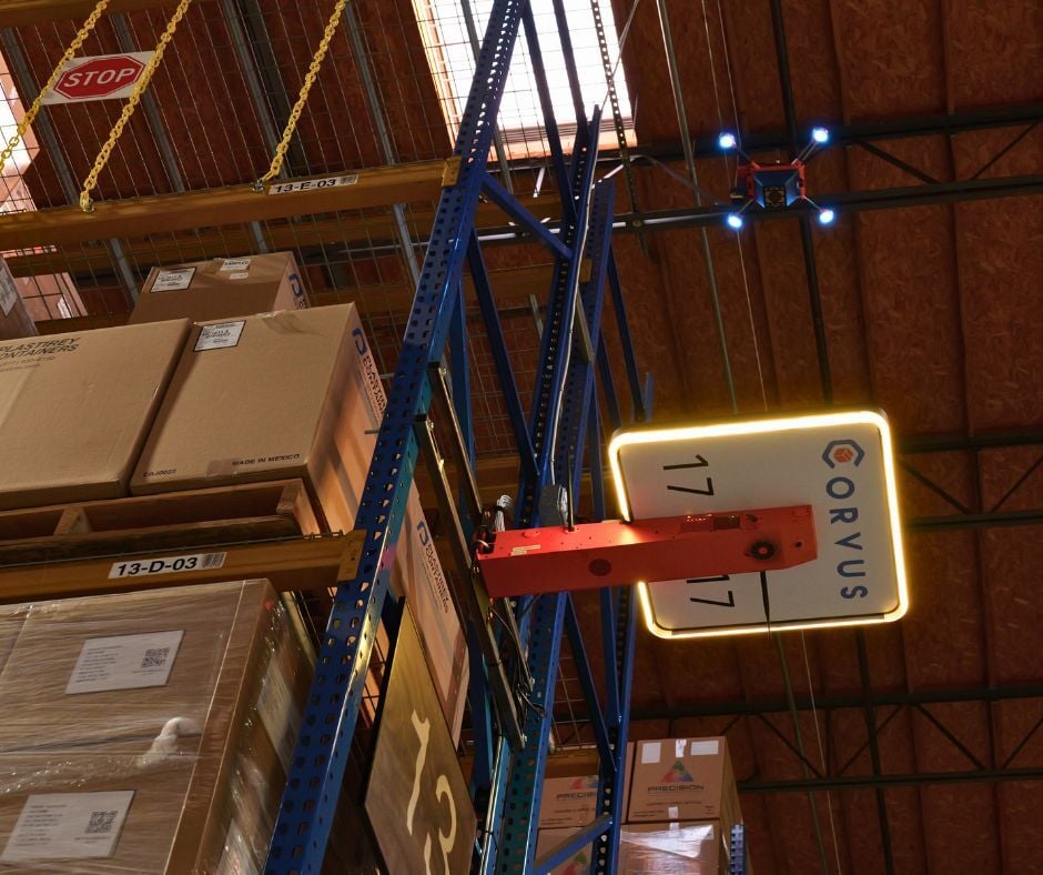 A Corvus One Autonomous Inventory Drone takes off it from its landing pad at Dermalogica's headquarters in Carson, CA.