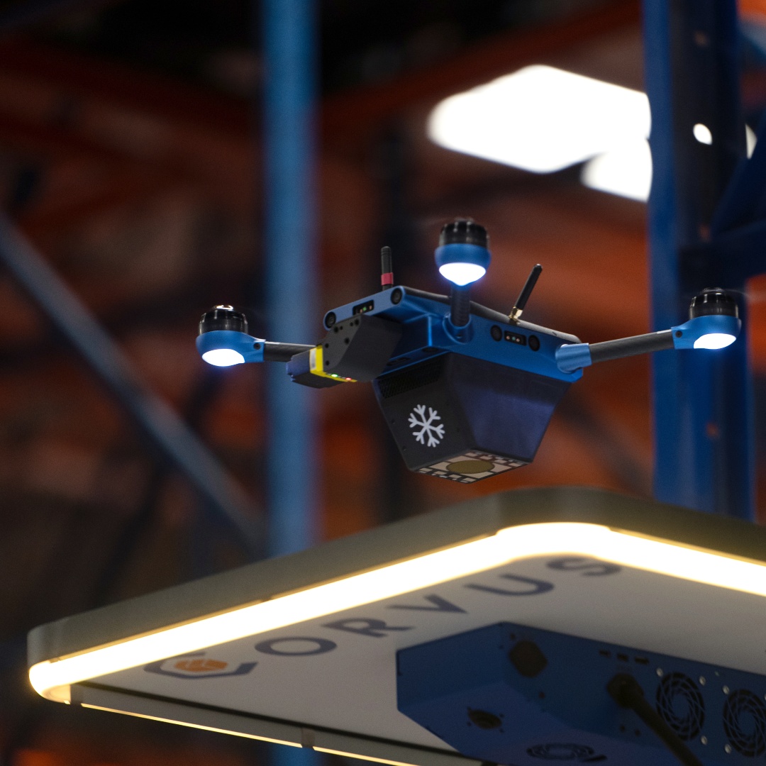 A Corvus One for Cold Chain drone takes off from its landing pad.