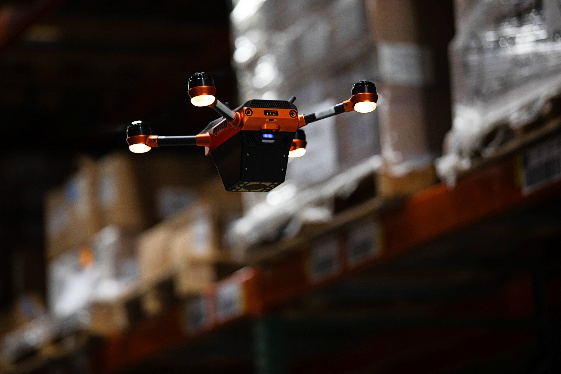 A Corvus One drone performs autonomous, lights-out flights scanning pallets of inventory. 